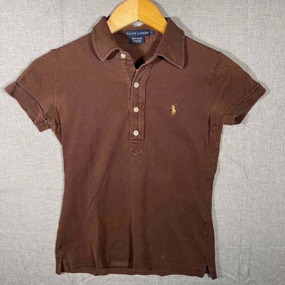 RALPH LAUREN POLO BROWN COTTON S/S POLO SHIRT WOMEN SMALL PREPPY COLLARED